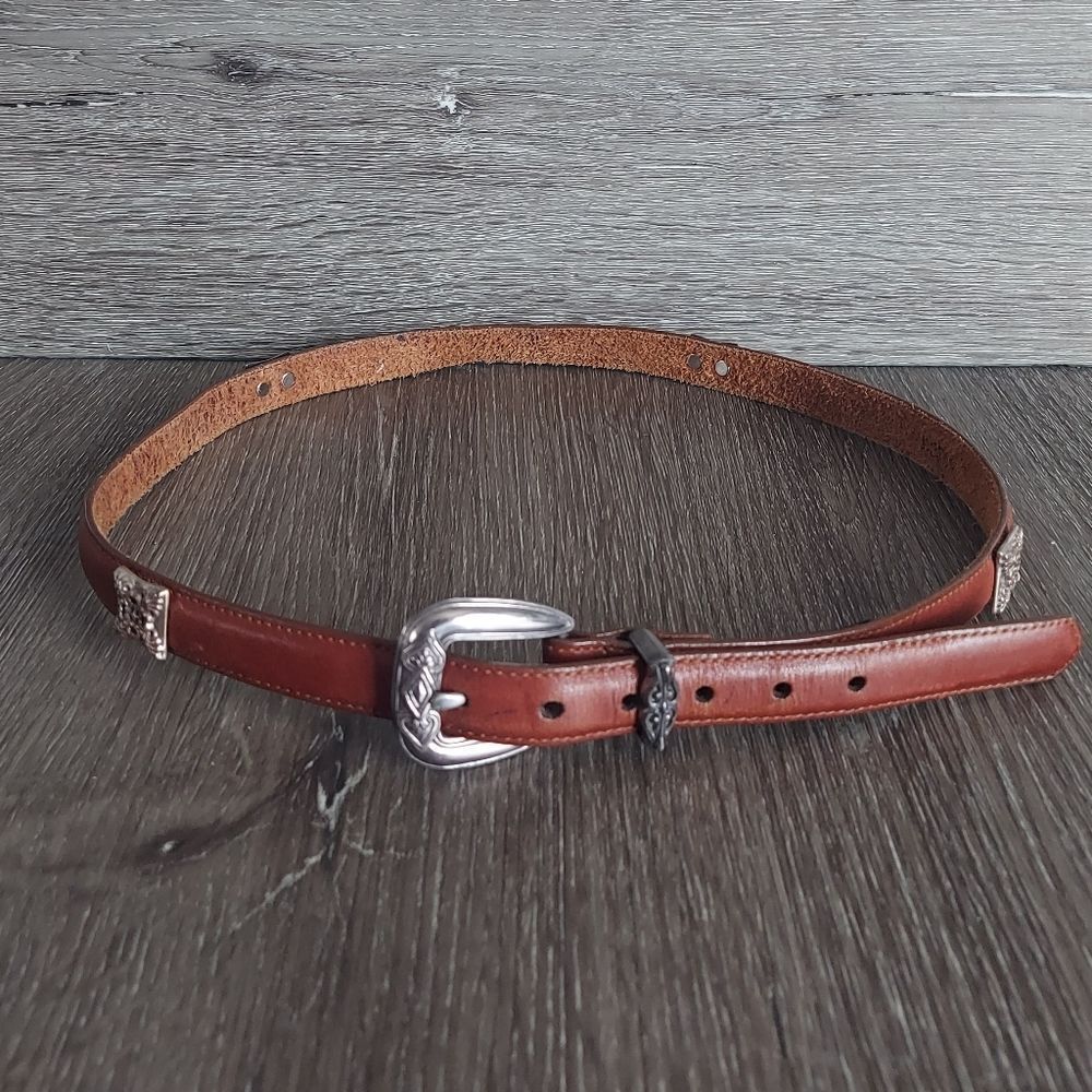 Brighton Brown Leather Skinny Belt with Silver Square Conchos & Buckle Large